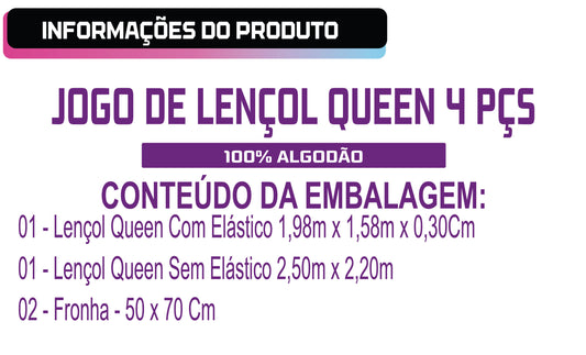 Jogo de Lençol Queen 4 Peças 100% Algodão 200 Fios
