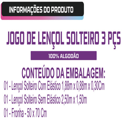 Jogo De Lençol Solteiro 3 Peças 100% Algodão 200 Fios Ponto Palito