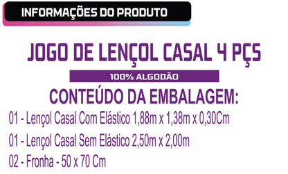 Jogo de Lençol Casal 4 Peças 100% Algodão 200 Fios